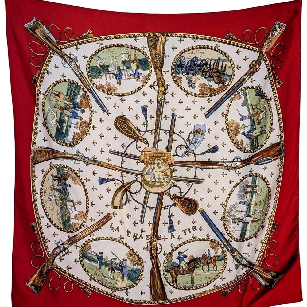 Vintage Hermes 1971 La Chasse a Tir 35 inch Silk Scarf Philippe Ledoux Red Gold
